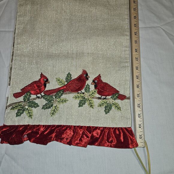 The Embroidered Red Cardinals Christmas Table Runner 70"x13" Holiday Decor Gold - Picture 7 of 8